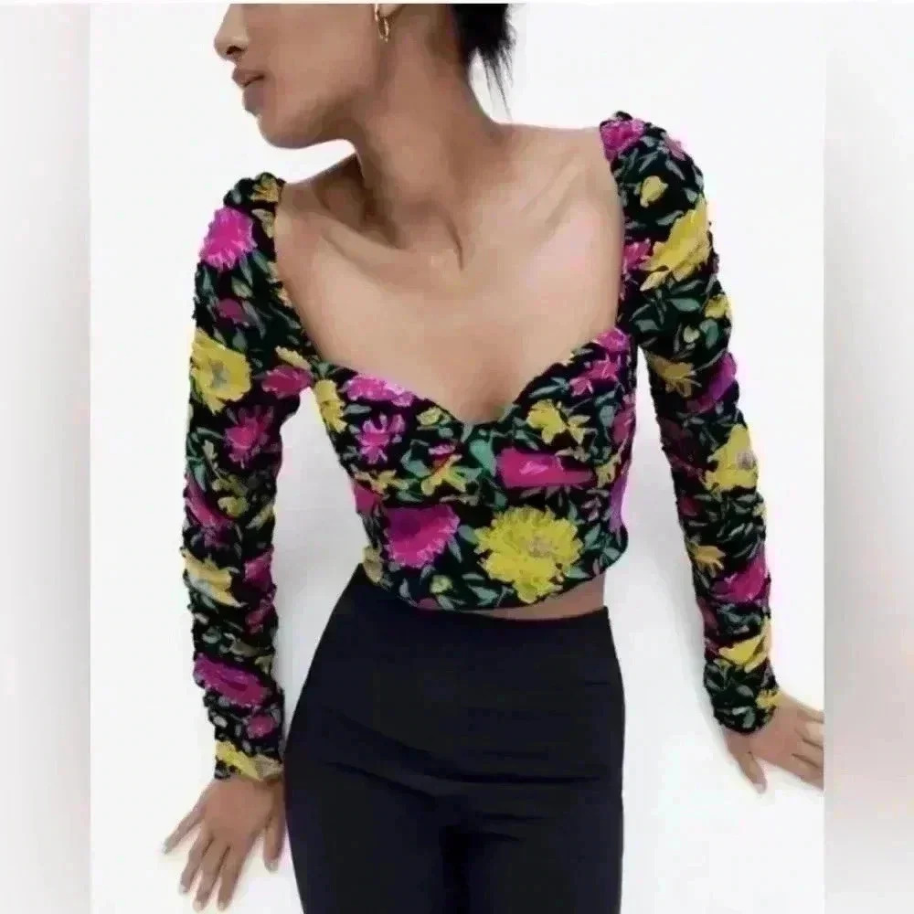 ZARA | Pink/Black/Yellow/Green Rcuhed Long  Sleeve Corset Crop Top